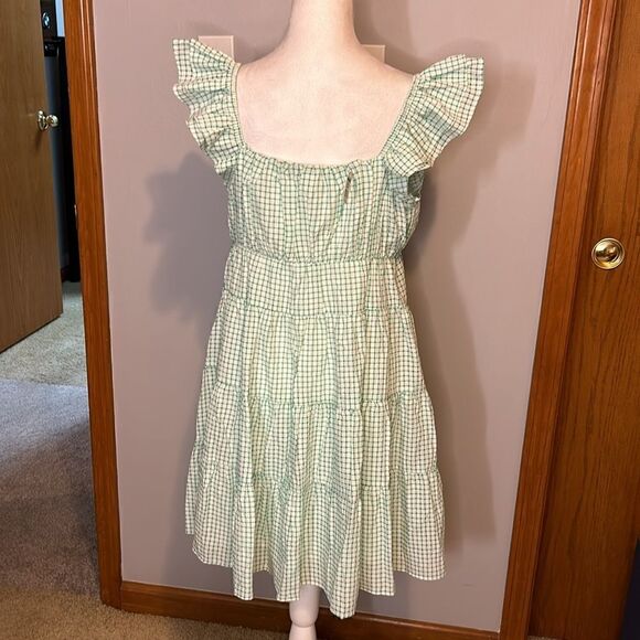 English Factory green and white checkered mini tiered dress NEW size S - Picture 6 of 8